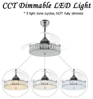 42" Decorative Crystal Drum Ceiling Fan with Light and Remote, Foldable Blade, Chrome, Neutral White (4000k)