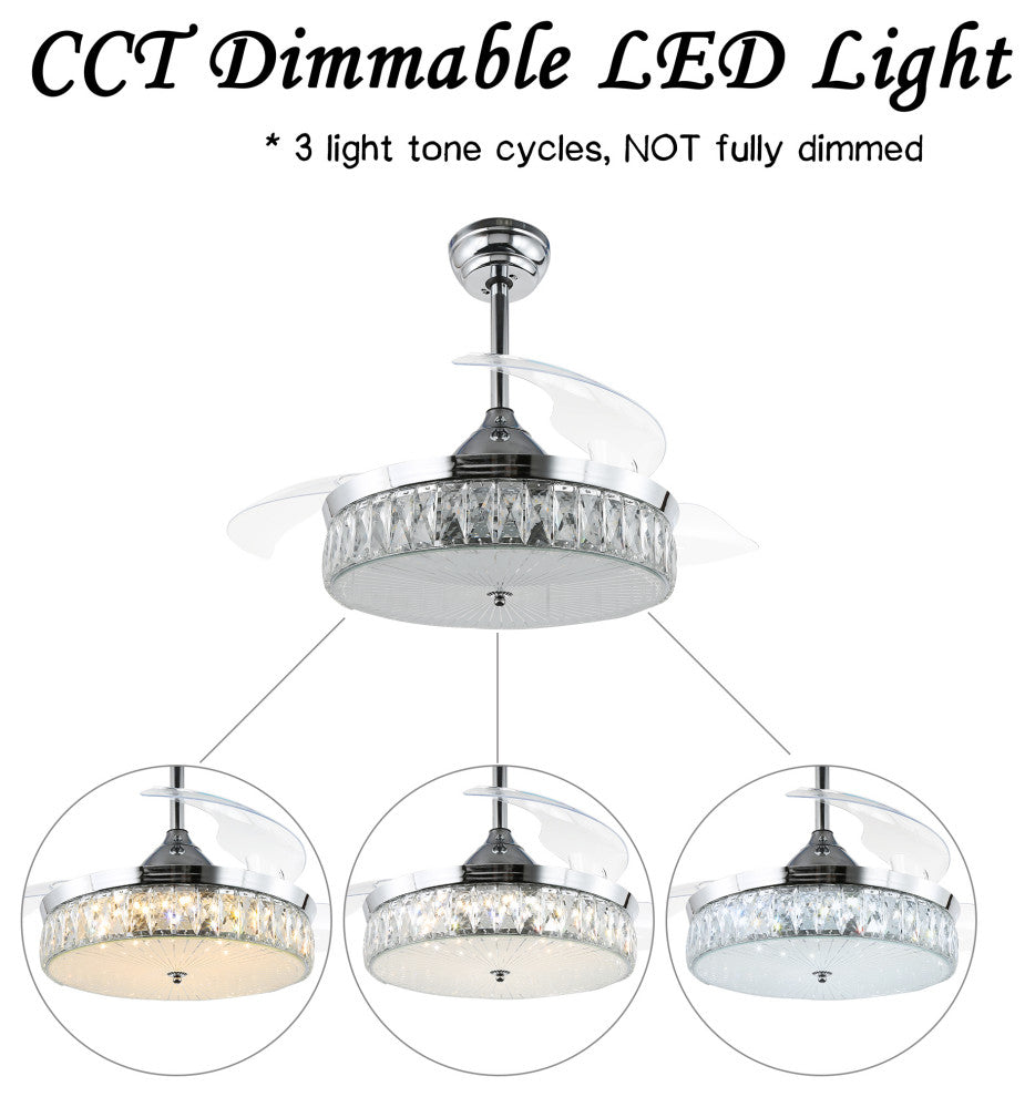 42" Decorative Crystal Drum Ceiling Fan with Light and Remote, Foldable Blade, Chrome, Neutral White (4000k)