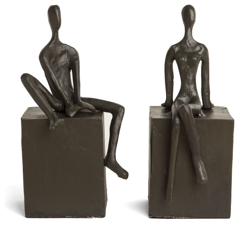 2-Piece Man and Woman Sitting on a Block Metal Bookend Set