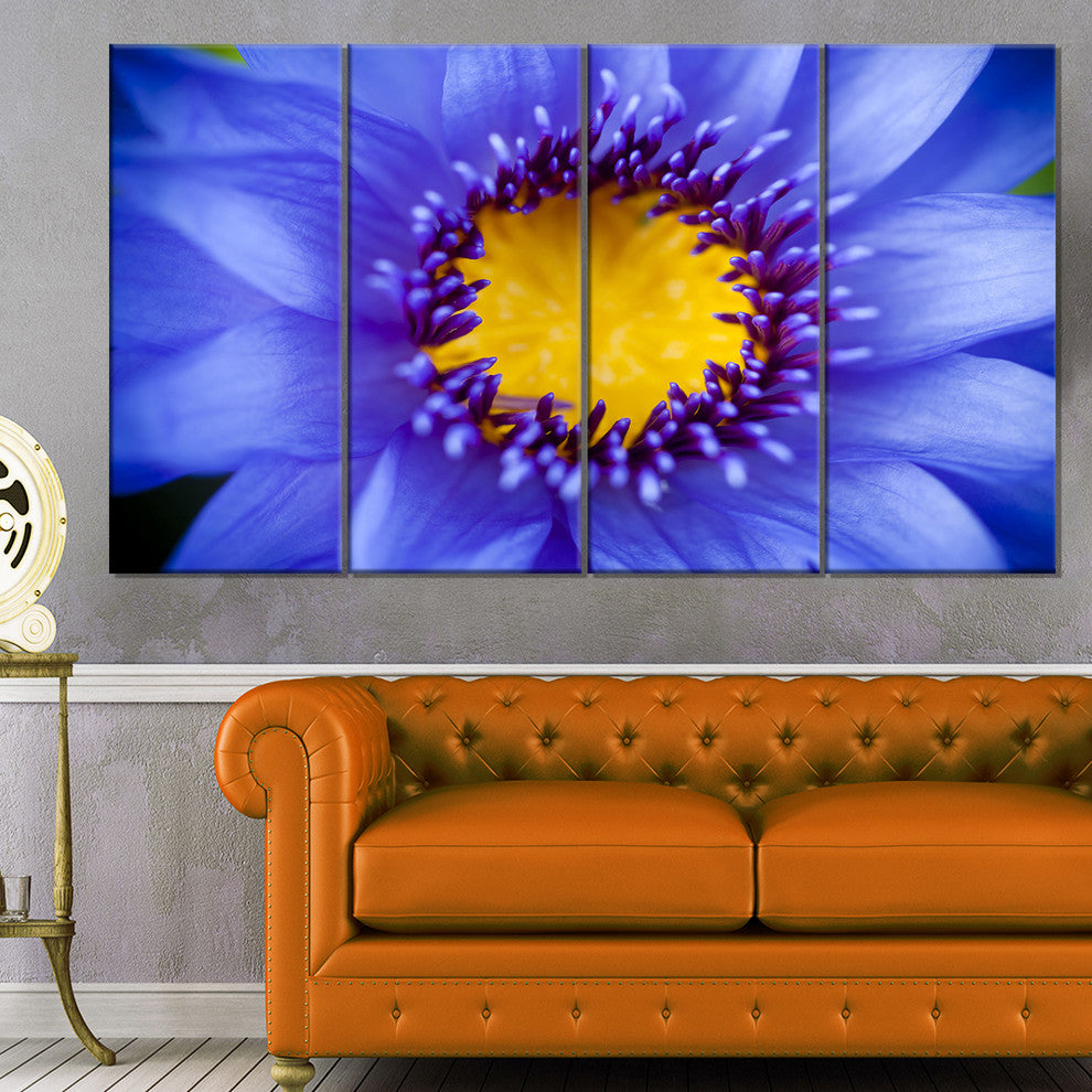Blue Lotus Close up Watercolor, Flowers Canvas Wall Artwork, 48"x28", 4 Panels