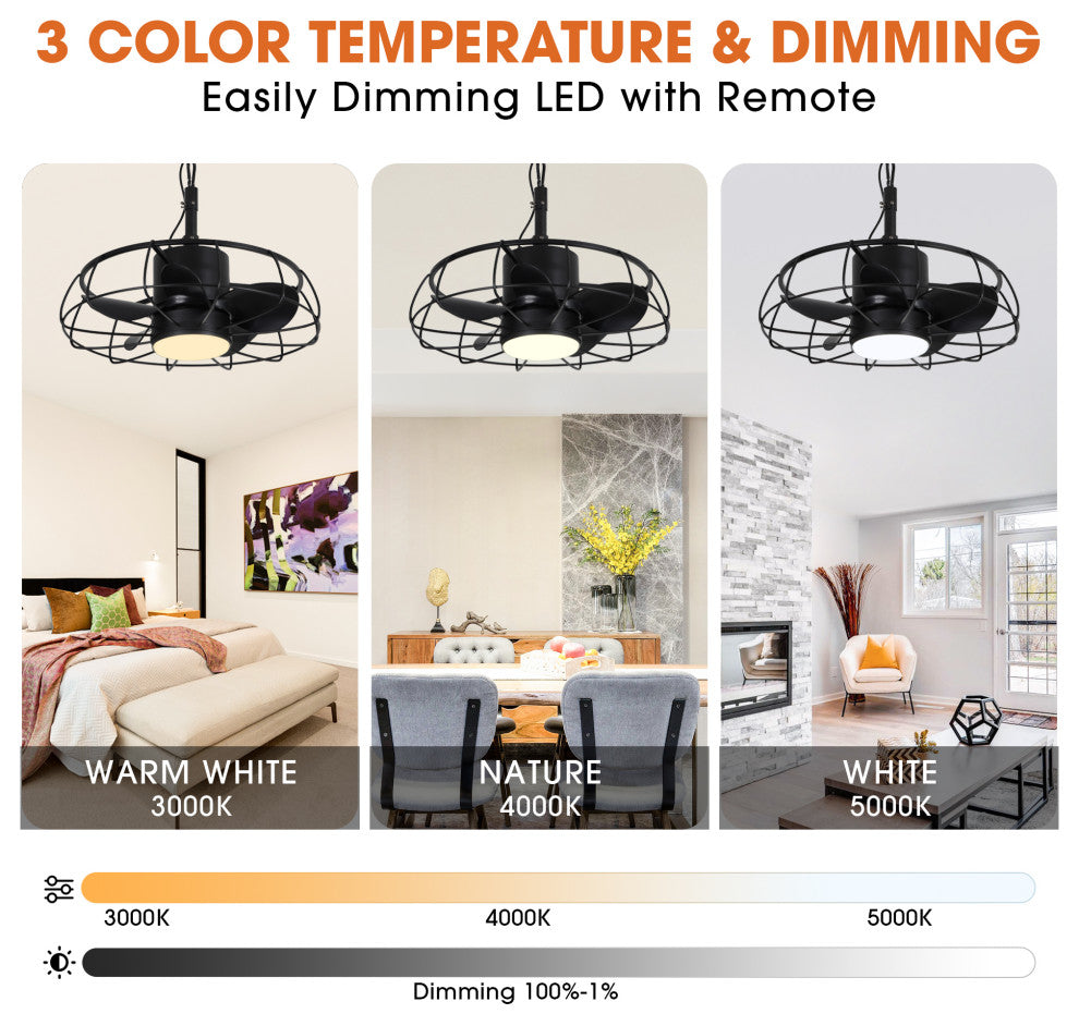 20-inch Modern Outdoor Black Small Cage Black LED Ceiling Fan with Remote