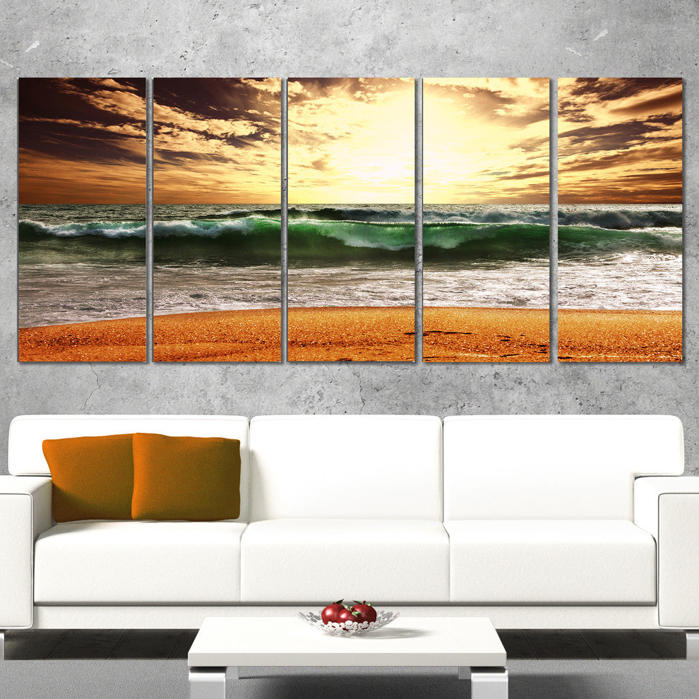 Raging Green Waves At Sunset, Large Seashore Canvas Print, 60"x28", 5 Panels