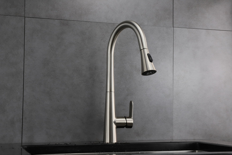 Furio Brass Kitchen Faucet, Pull Out Sprayer, Brushed Nickel Finish
