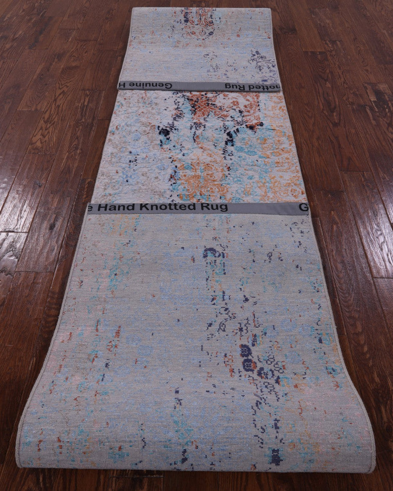Hand Knotted Modern Wool and Silk Runner Rug 2' 7" X 14' 0" Q11824