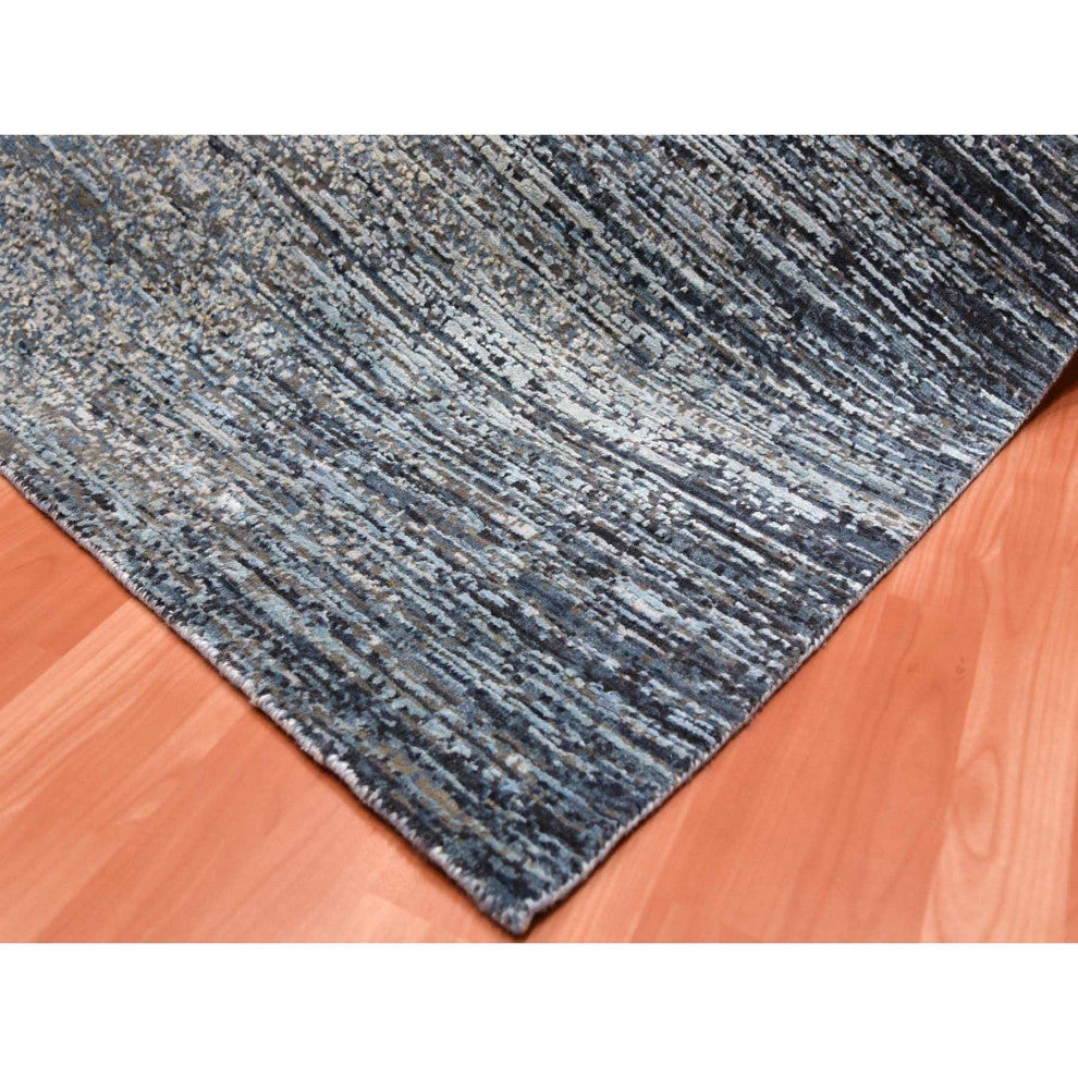 Blue Oceanic Wool and Pure Silk Hand Knotted Oriental Square Rug, 8'0"x8'2"