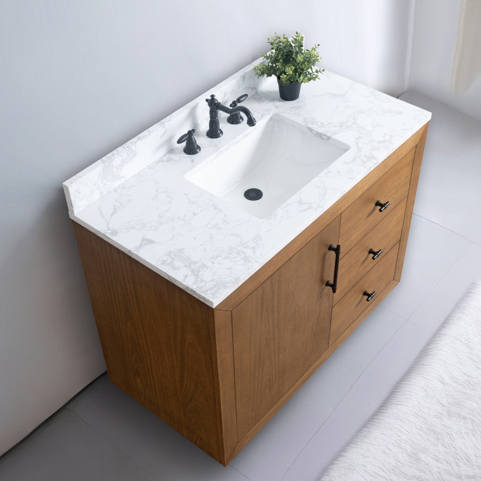 Vanity Art Bathroom Vanity With Sink, Tan, 42" Single, Arabescato White Engineered Marble Top