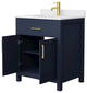 Beckett 30" Dark Blue Single Vanity, White Cultured Marble Top, Gold Trim