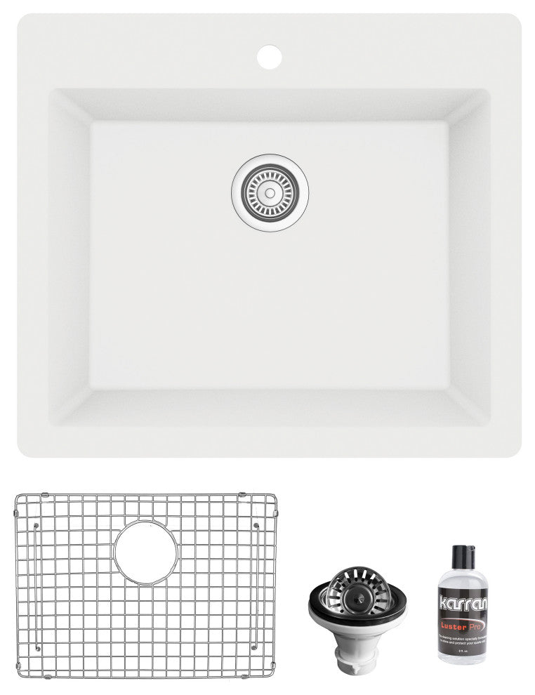 Karran QT-820 Top Mount 25" Single Bowl Quartz Kitchen Sink Kit, White