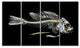 Fish Skeleton Bone on Black, Animal Canvas Art Print, 48"x28", 4 Panels