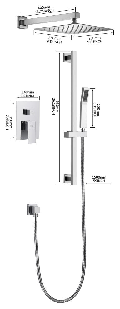 CASAINC 10" Luxury Wall Mounted Shower System Set w Sliding Handheld Rod, Chrome