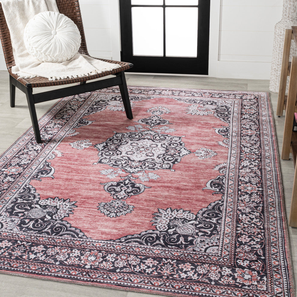 Bausch Distressed Chenille Washable Dark Pink/Black/White 5 ft. x 8 ft. Area Rug