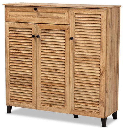 Coolidge Oak Brown Finished Wood 3-Door Shoe Storage Cabinet With Drawer