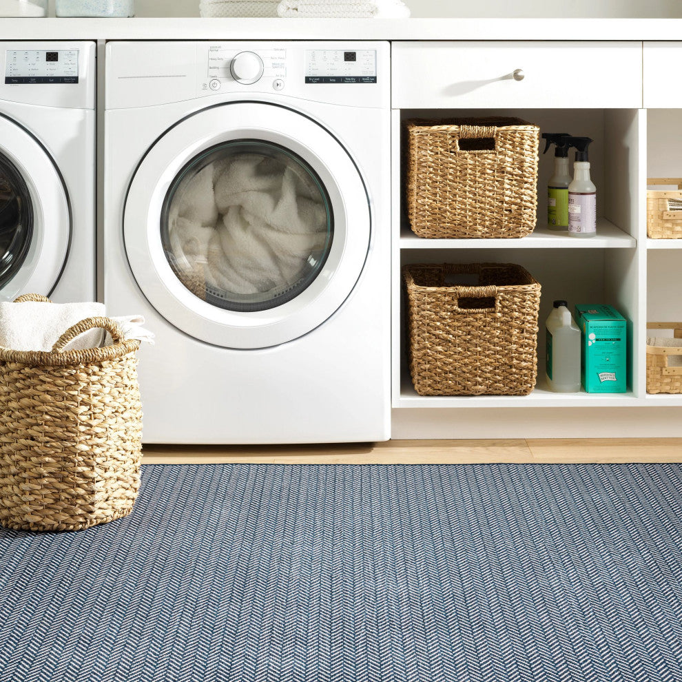 Dash & Albert Herringbone Navy Machine Washable Rug, Blue, 3' x 5'