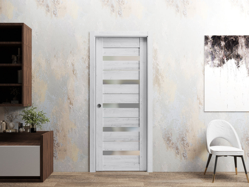 Slab Barn Door 32 x 84, Quadro 4445 Nordic White & Frosted Glass, Sliding