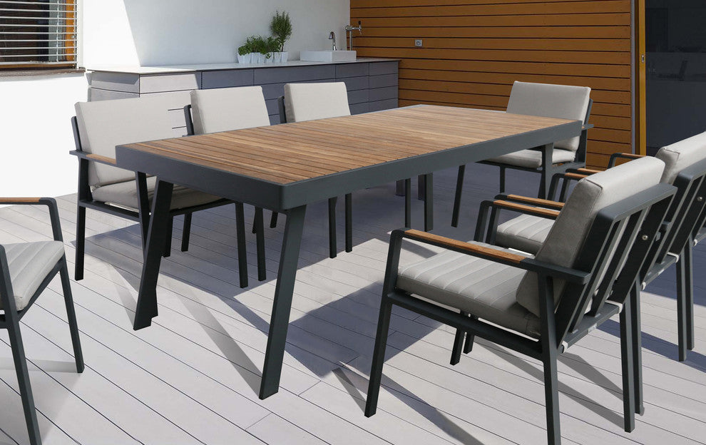 Armen Living Nofi Outdoor Patio Dining Table, Charcoal, Teak Wood Top