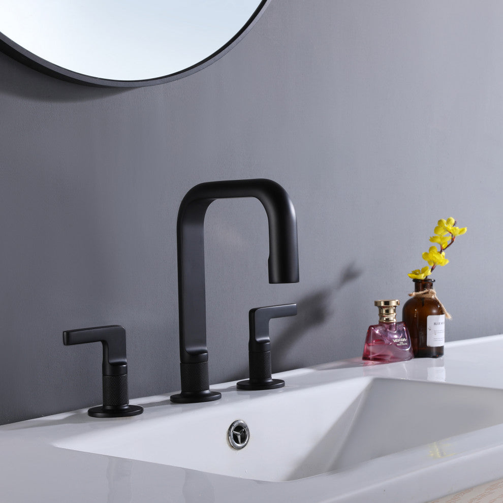 Deck Mounted Widespread Dual Handles Bathroom Sink Faucet, Matte Black