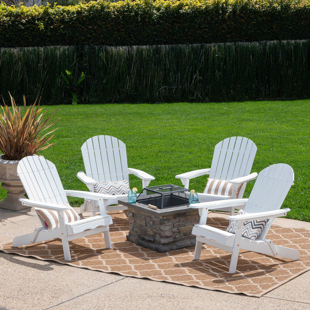 GDF Studio 5-Piece Benson Outdoor Adirondack Chair Set With Fire Pit, White