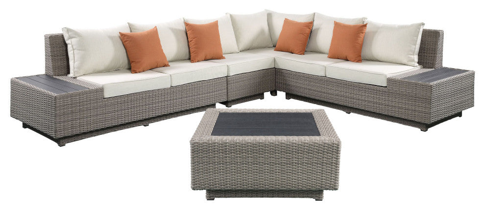 Benzara BM214890 7 Piece Patio Sectional Sofa Set With Plinth Base, Gray/Beige