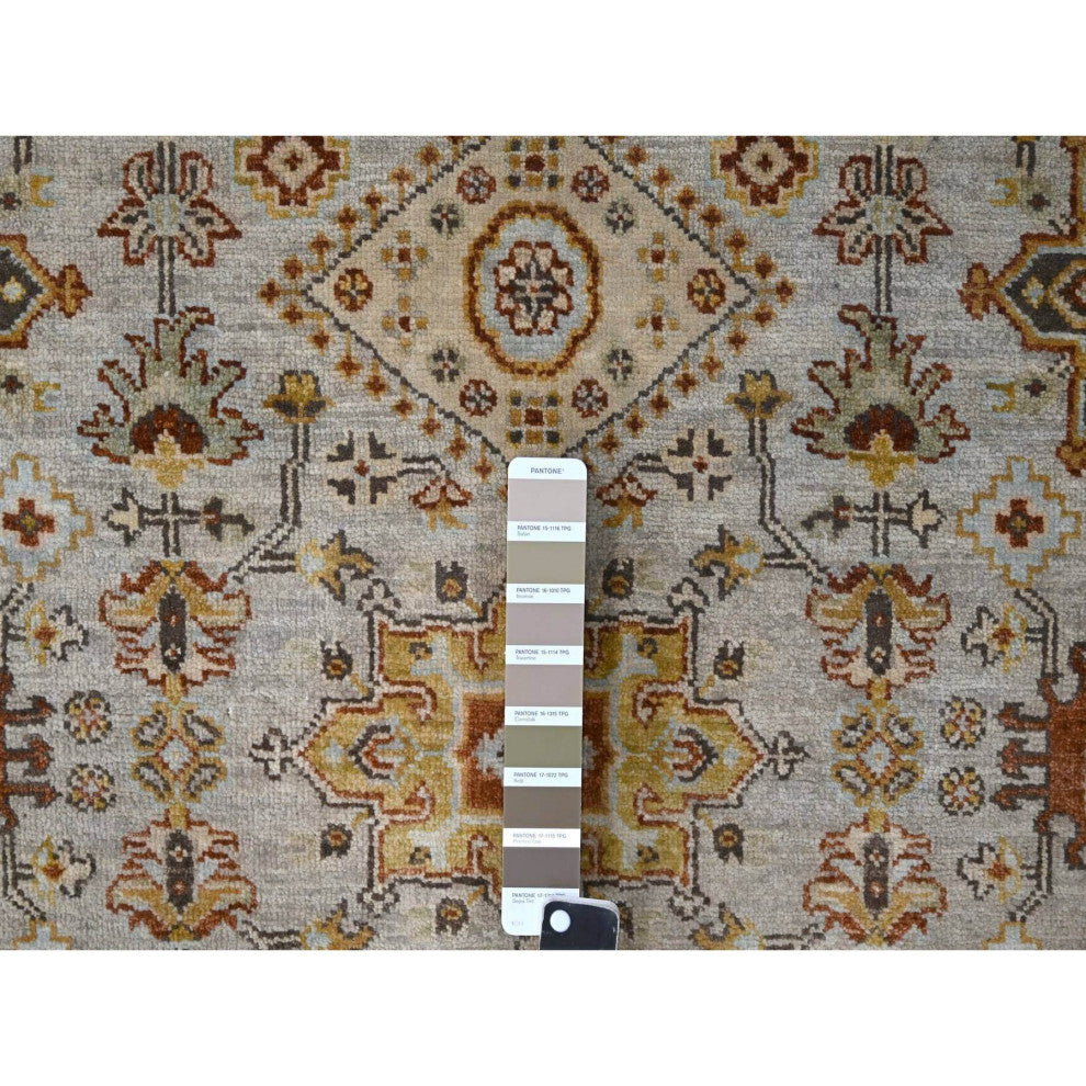 Goose Gray Karajeh Design Pure Wool Hand Knotted Wide Runner Rug 4'2"x9'10"