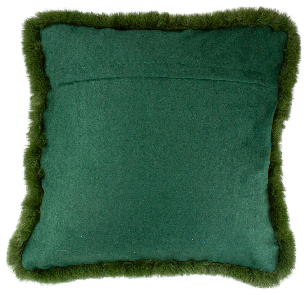 17" Dark Green Velvet Throw Pillow with Faux Fur Fringe Edging