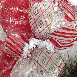 Red, Silver, White Raz Ornament Spray Holiday Handmade Deco Mesh Wreath