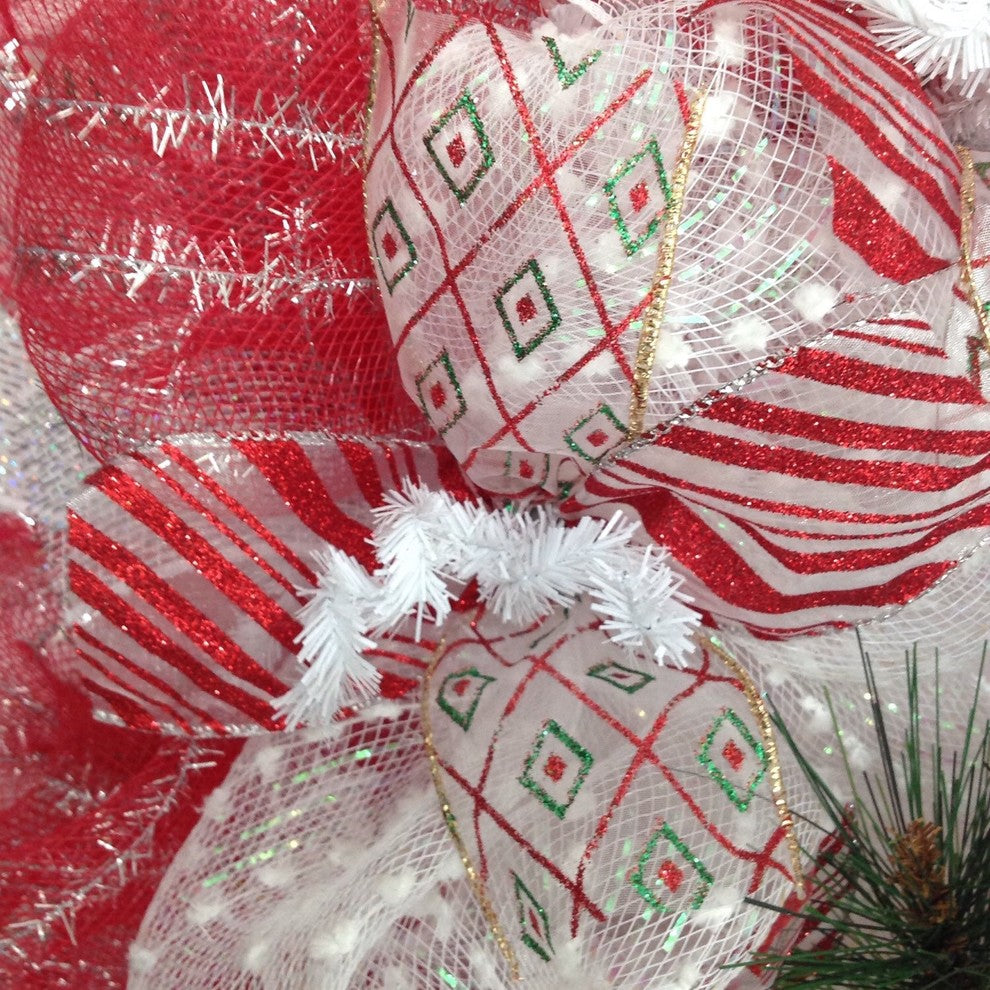 Red, Silver, White Raz Ornament Spray Holiday Handmade Deco Mesh Wreath