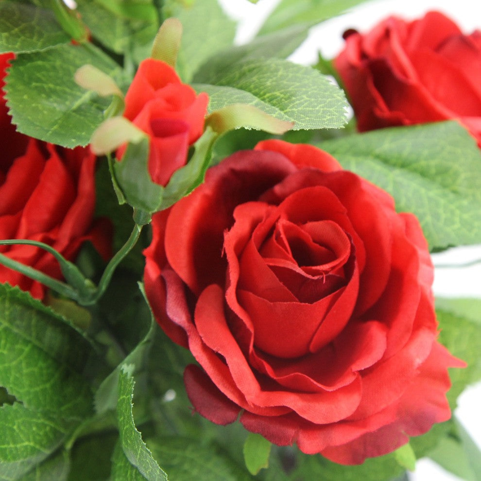 13" Tall artificial potted rose, plant with Geenery, Red