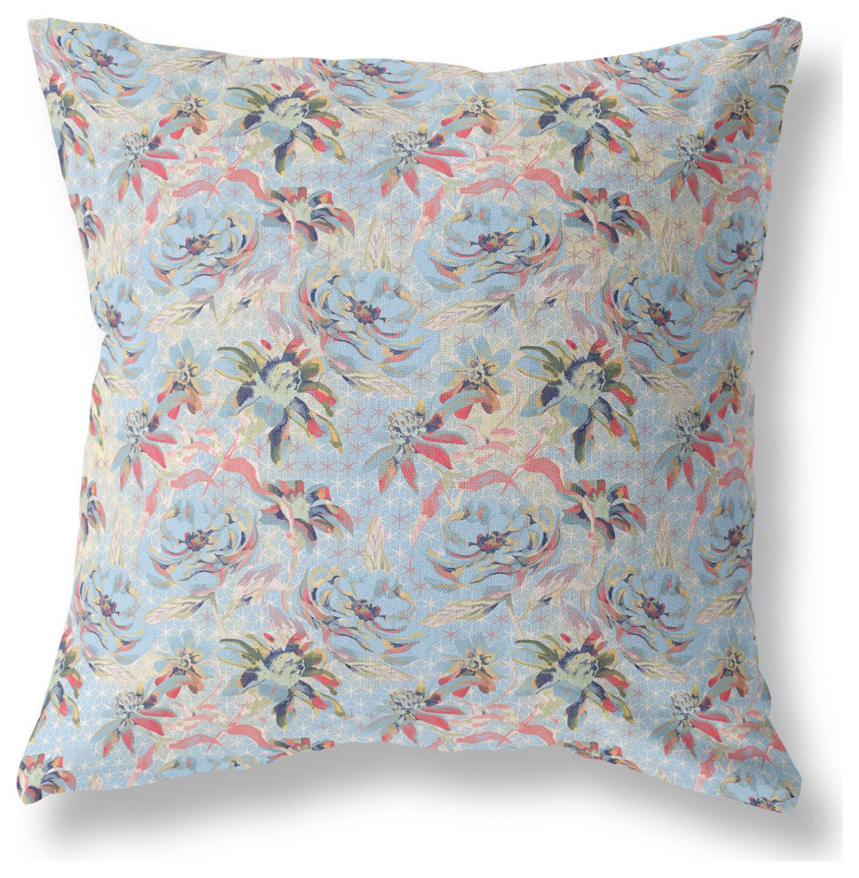 20" Light Blue Red Roses Indoor Outdoor Throw Pillow