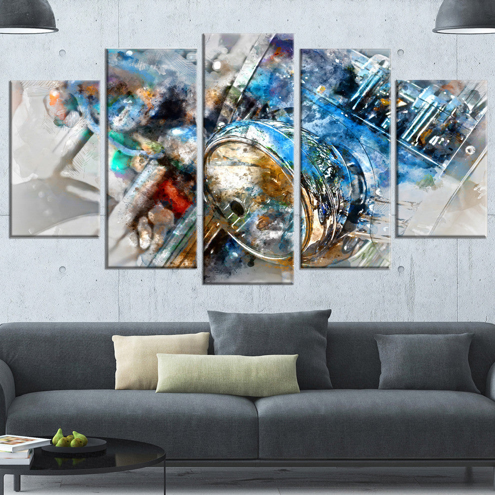 Motorcycle Headlight Watercolor, Contemporary Canvas Print, 60"x32", 5 Panels