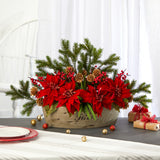 25" Poinsettia, Succulent and Pine Artificial Arrangement, Decorative Vase