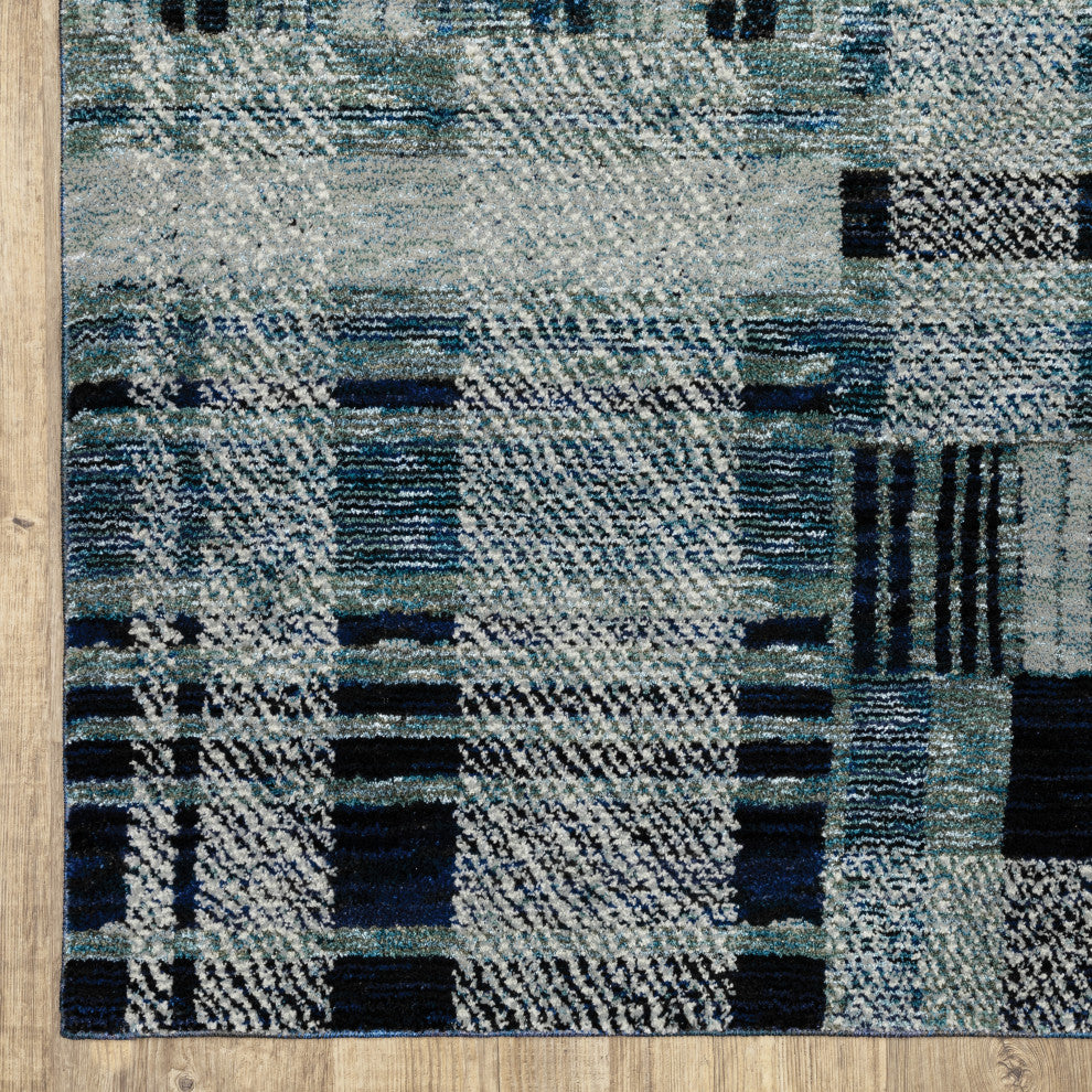 Aegina Distressed Plaid Area Rug, Blue, 10' X 13'2"