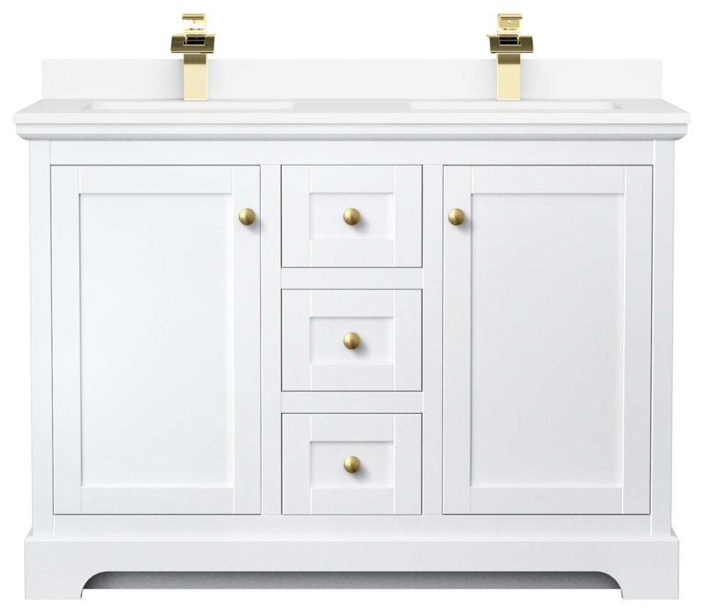48"DBL Bath Vanity, White, White Cult. Marble Countertop, Sinks, Gold Trim
