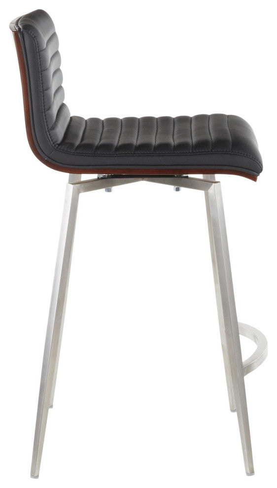 Mason Swivel Counter Stool, Set of 2, Stainless Steel/Walnut Wood/Black PU