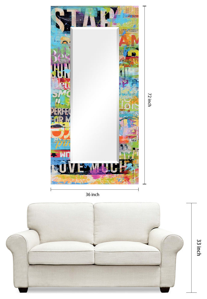 Metro Mix Rectangular Beveled Mirror on Free Floating Printed Tempered Art Glass