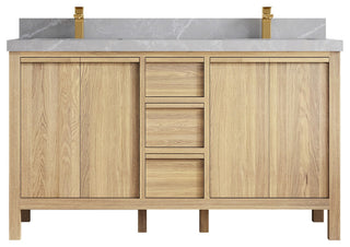 Elizabeth Oak 60" Double Sink Vanity, White 2" Pearl Gray