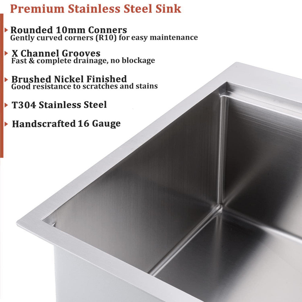 33" L X 22" W Premium Stainless Steel Kitchen Sink, Brushed Nickel