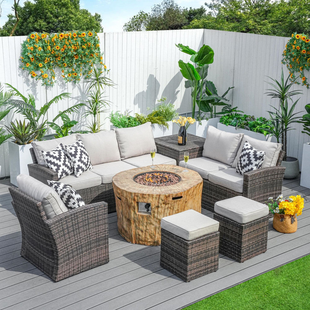 7-piece Patio Wicker Garden Chat Sofa Set with Fire pit and Storage Box, Round