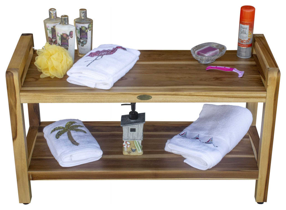 HomeRoots Rectangular Teak Shower Bench With Handles, Natural Finish