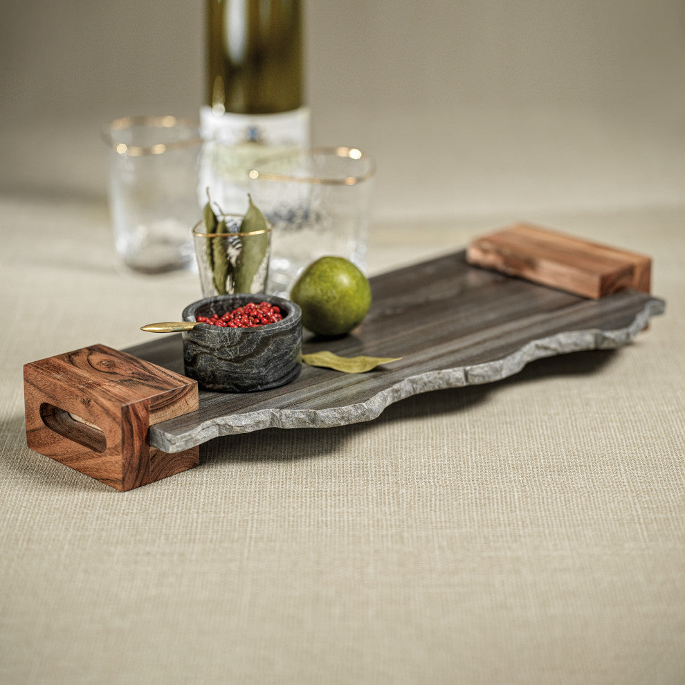 Catania Gray Marble Tray with Wood Handles