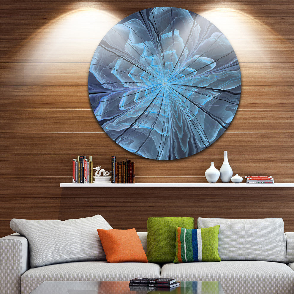 Soft Blue Fractal Flower With Petals, Floral Round Metal Wall Art, 11"