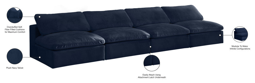 Cozy Velvet Upholstered Comfort Modular Armless Sofa, Navy