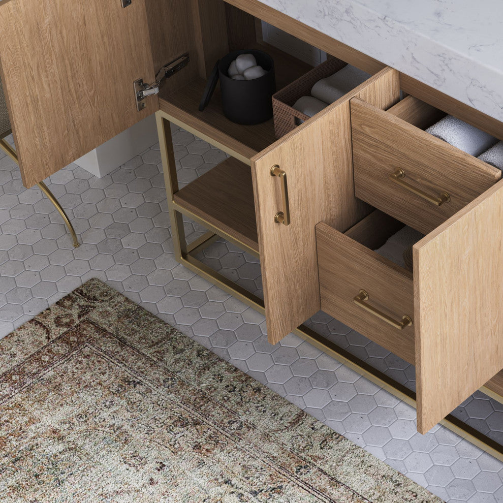 Bahia Bath Vanity, Oak, 60", Brushed Gold Hardware, Double, Freestanding