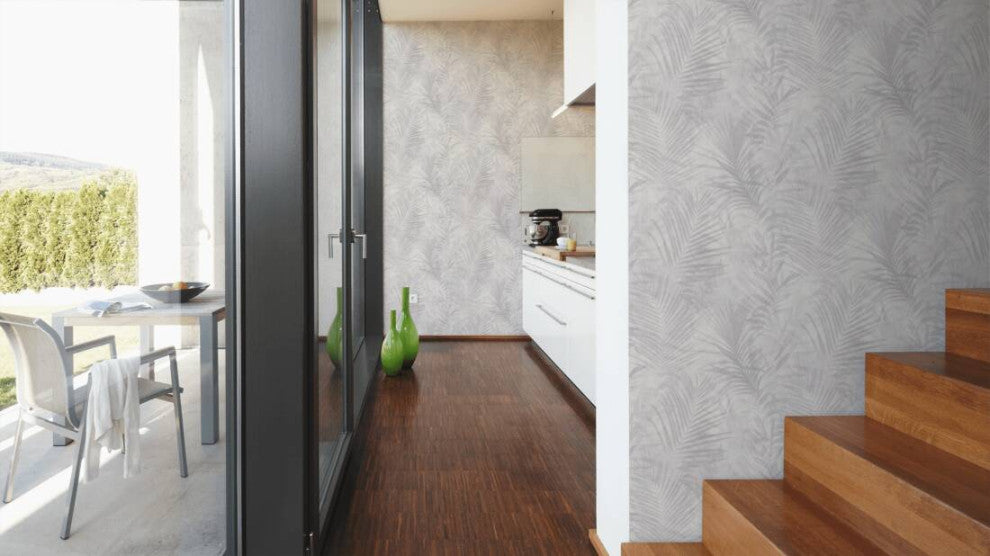 Floral Textured Wallpaper, Palm Tree Leaves, 374115, Gray Silver, 1 Roll