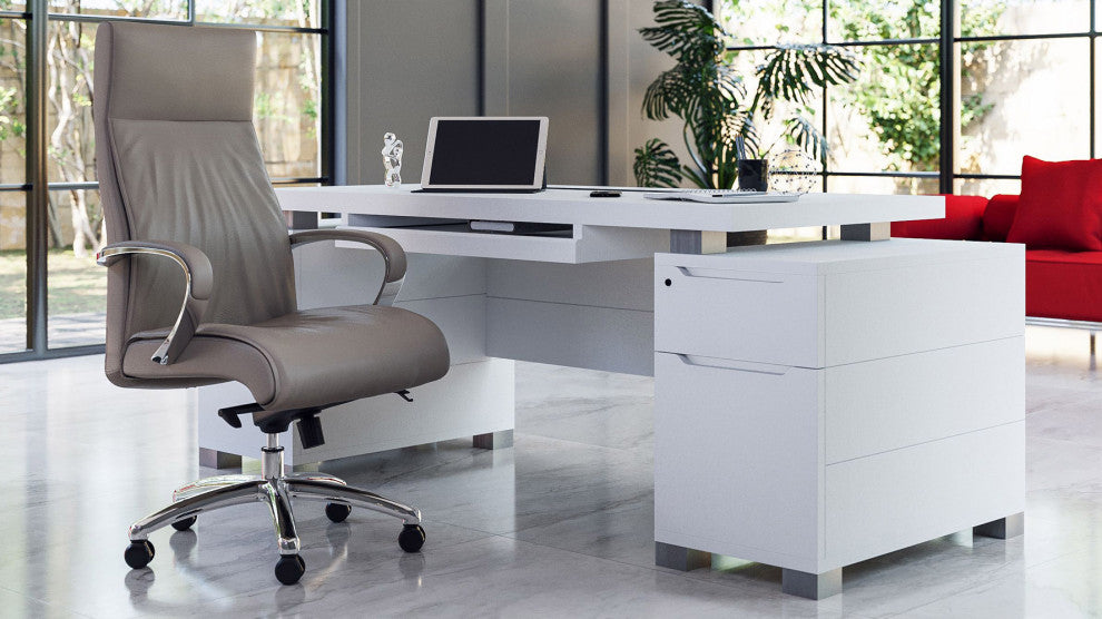 79"� Modern Ford White Matte Lacquer Desk Storage/Filing Drawers Keyboard Tray