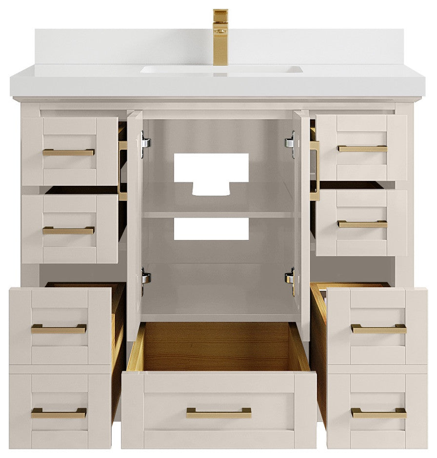 Boston 42" Single Sink Bath Vanity in Fine Grain 2" White Quartz