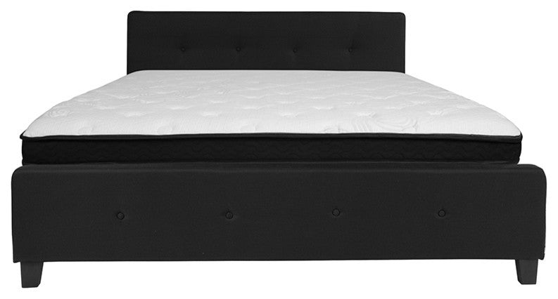 King Size Tufted Upholstered Platform Bed Black Fabric with Memory Foam Mattress