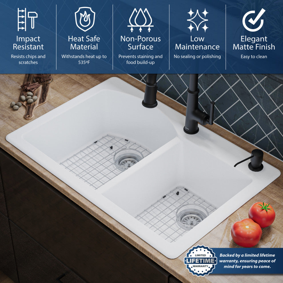 Karran Drop-In Quartz 33" 1-Hole 60/40 Double Bowl Sink Kit, White