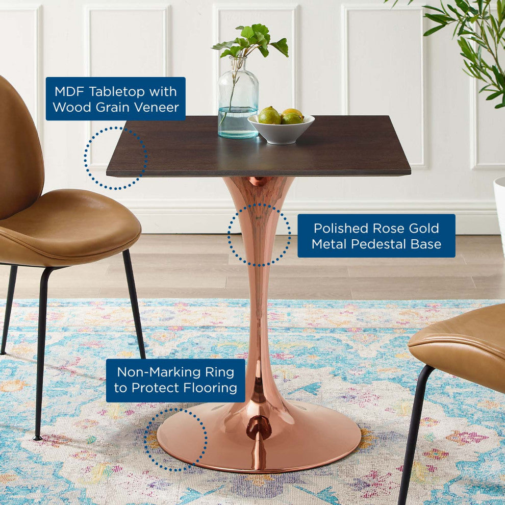 Dining Table, Square, Wood, Rose Gold Dark Brown Brown Walnut, Modern, Bistro