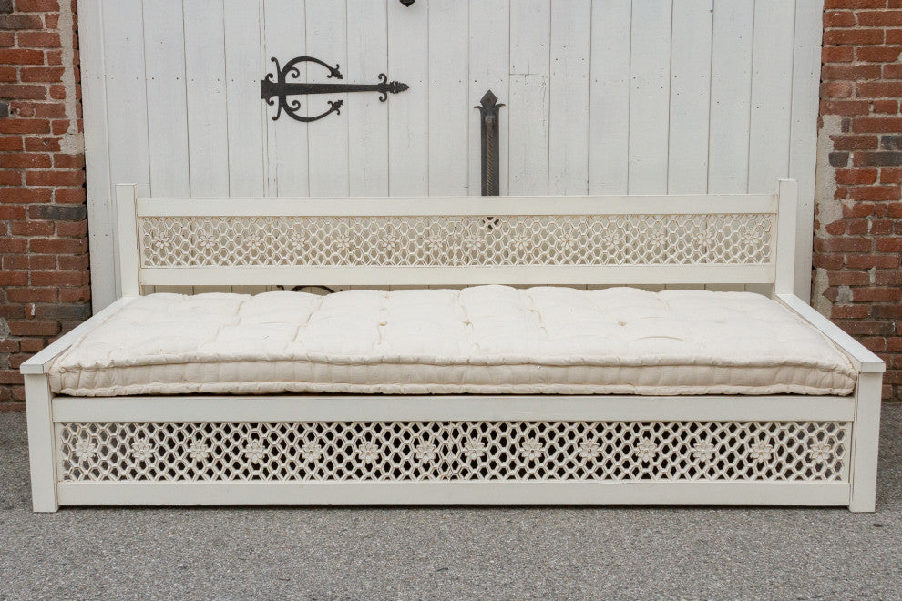 Very Long Antique White Floral Jali Daybed