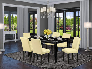 7 Pieces Dining Set, Black Rectangular Table and Eggnog Pu Leather Padded Chairs